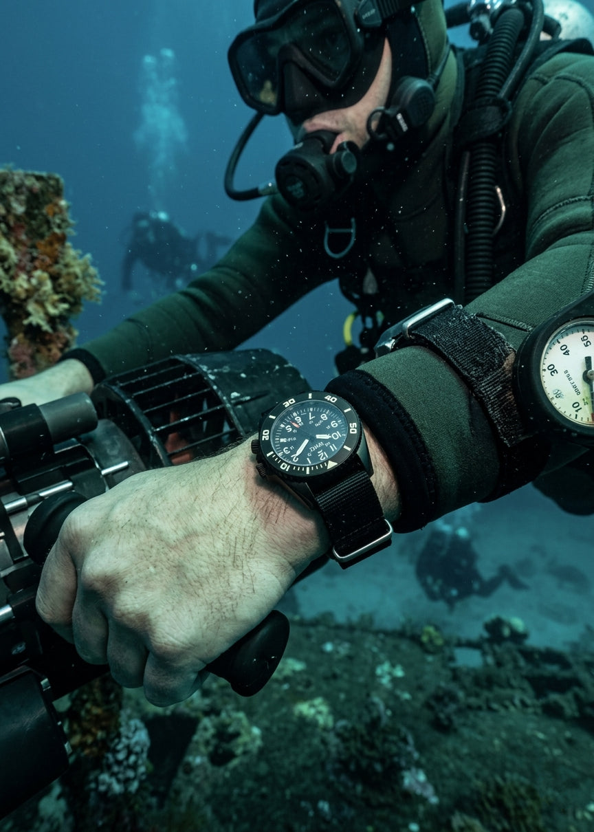 MWC "Depthmaster" 100atm / 3,280ft / 1000m Water Resistant Military Divers Watch in a PVD Titanium Case with GTLS and Helium Valve (Automatic)