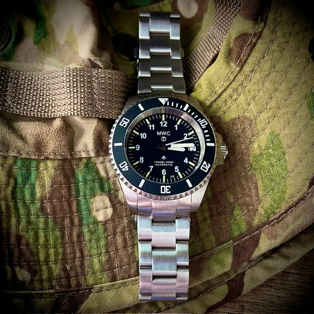 MWC 24 Jewel 300m Automatic Military Divers Watch with Tritium GTLS Illumination, Sapphire Crystal and Ceramic Bezel and Steel Bracelet