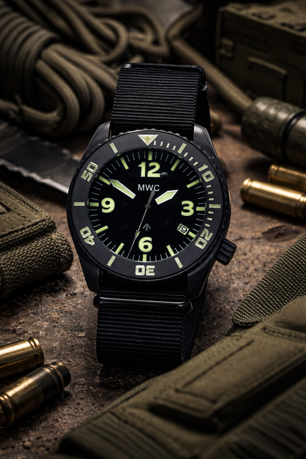 MWC "Depthmaster" 100atm / 3,280ft / 1000m Water Resistant Military Divers Watch in PVD Stainless Steel Case with Helium Valve (Quartz)