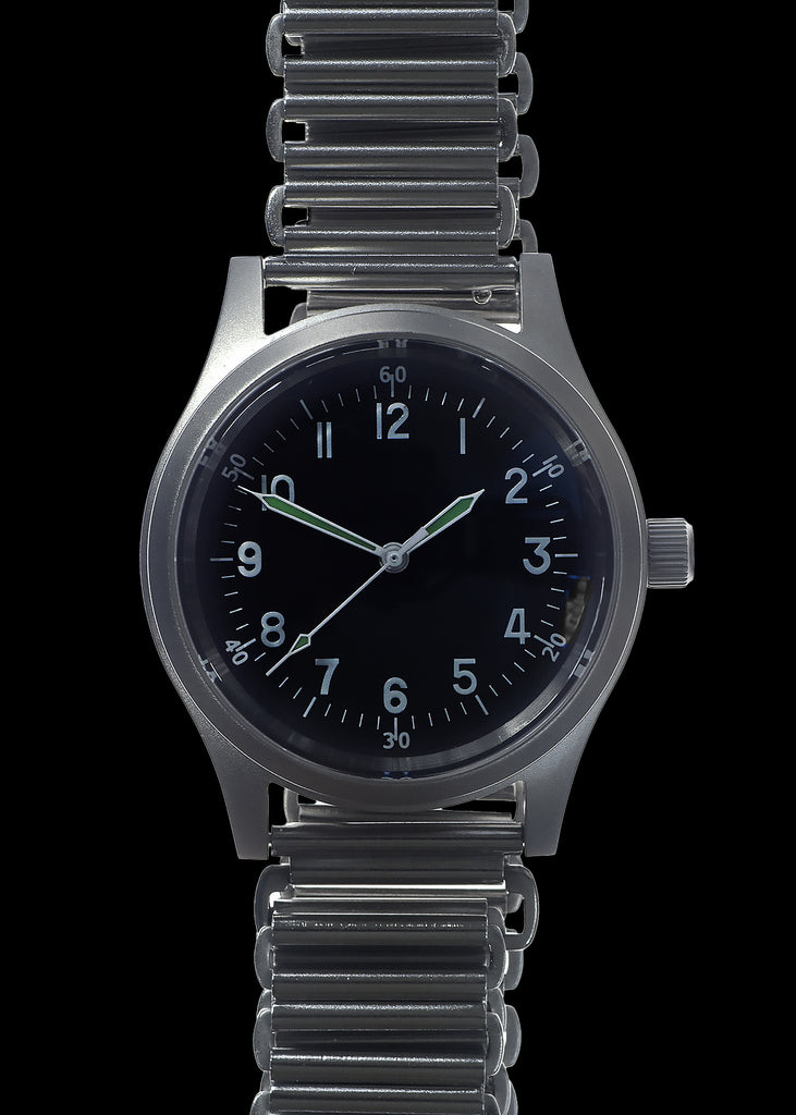 A-11 1940s WWII Pattern Automatic Military Watch With Shatter and Scratch Resistant Box Sapphire Crystal on Matching Retro "Bonklip" Pattern Bracelet with an Additional Canvas Strap