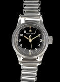 A-17 U.S 1950s Korean War Pattern Automatic Military Watch with Shatter and Scratch Resistant Box Sapphire Crystal on a Retro Stainless Steel "Bonklip" Bracelet with a Black Military Webbing Strap