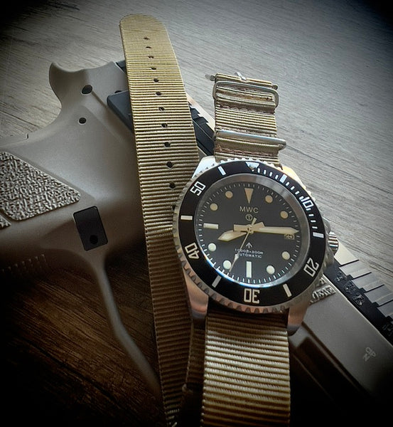 MWC 21 Jewel 300m Automatic Military Divers Watch with Sapphire Crystal and Ceramic Bezel on a NATO Webbing Strap