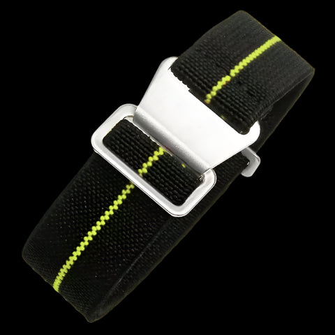 18mm Elasticated French Navy and Special Forces Strap in Black with a Yellow Stripe