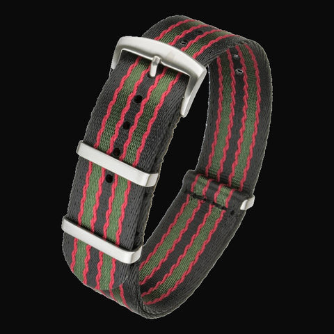 Superior 20mm Black, Red and Olive Green NATO Military Watch Strap in Seatbelt Ballistic Nylon