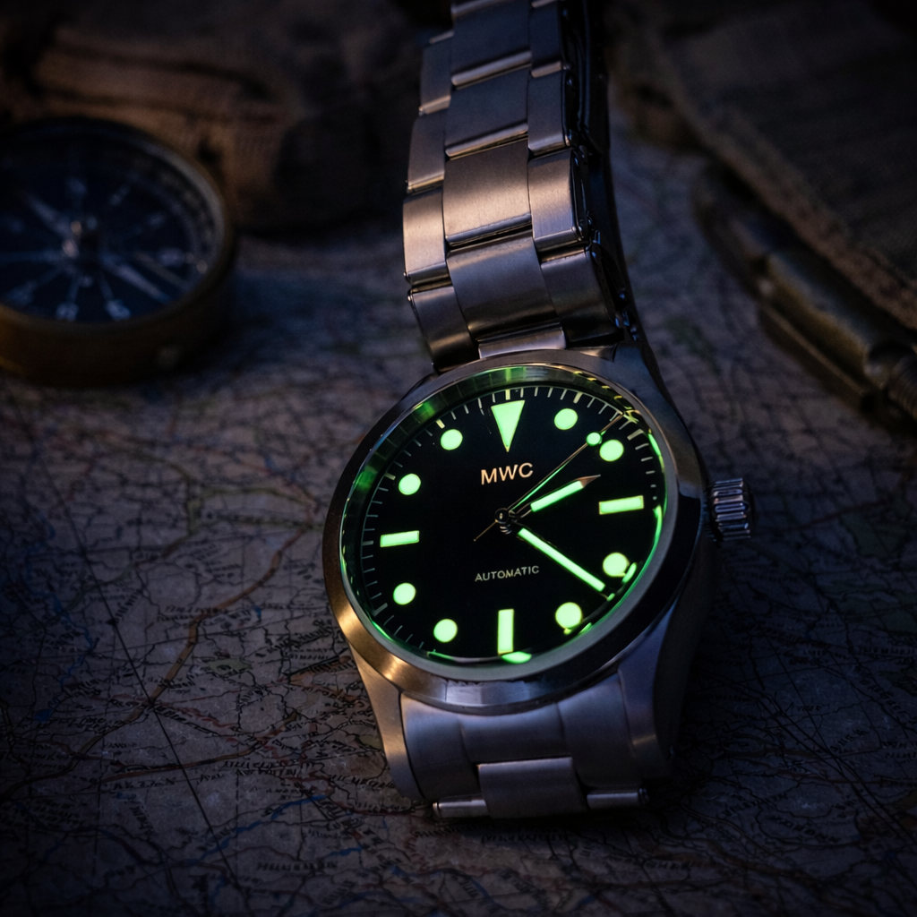 MWC Classic 1950s/1960s Pattern 25 Jewel Automatic "Adventurer" Watch with 200m Water Resistance and Retro Luminous Paint, Sapphire Crystal and 1960s Pattern Bracelet - Brand New Ex Photographic and Promotion Watch Reduced
