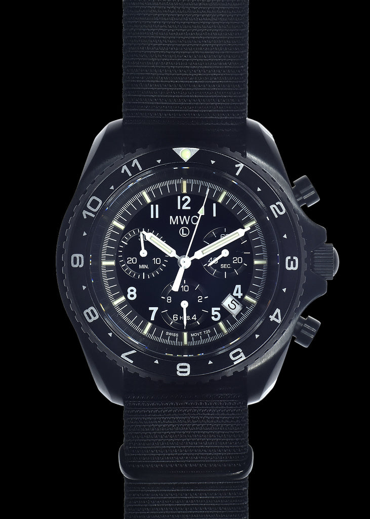 MWC NATO Pattern Stainless Steel Military Pilots Chronograph with Sapphire Crystal and Swiss Ronda Movement - 12 Hour GMT Bezel and GTLS/Tritium Illumination