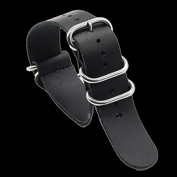 22mm Black High Grade Saddle Leather Zulu Military Watch Strap