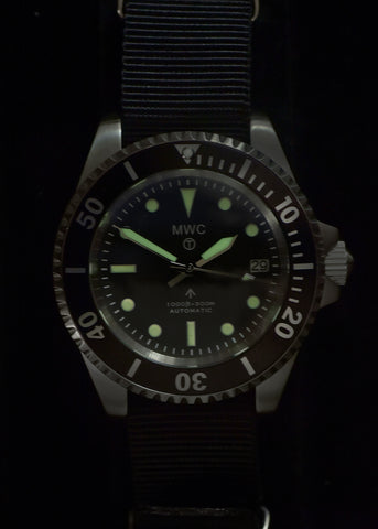 MWC 24 Jewel 1982 Pattern 300m Automatic Military Divers Watch in Black PVD with a Sapphire Crystal on a NATO Webbing Strap (Non Date Version)