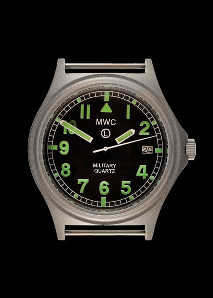 MWC G10 100m Water resistant Military Watch in a Stainless Steel Case with Sandblasted Finish, Screw Down Crown and Ten Year Battery Life